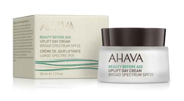 AHAVA Uplift Day Cream SPF 20, 50 ml, in weißem Tiegel mit braunem Deckel, neben der Produktverpackung.