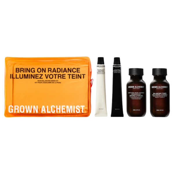 Grown Alchemist Radiance Kit mit Tasche, zwei Tuben und zwei Flaschen Pflegeprodukte.