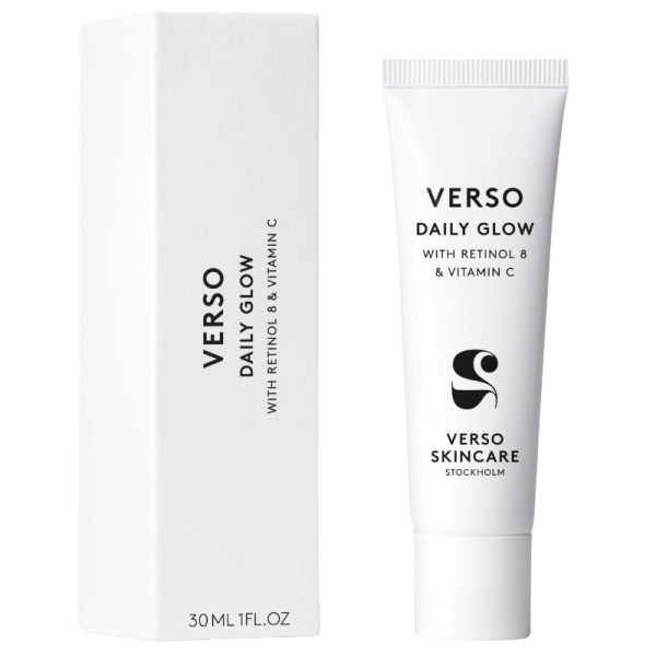 Verso Daily Glow Hautpflegeprodukt mit Retinol 8 und Vitamin C, 30 ml Tube neben Verpackung.