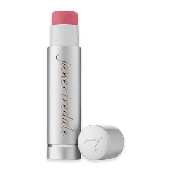 Jane Iredale Lip Drink Flirt Lippenbalsam in silberner Hülse mit abgenommenem Deckel.