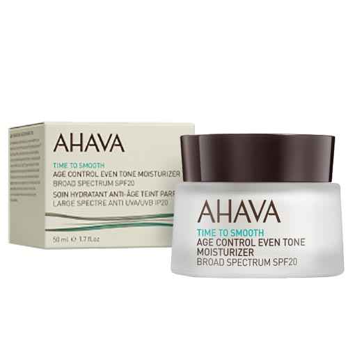 AHAVA Time to Smooth Age Control Even Tone Moisturizer SPF 20, 50 ml, in weißem Tiegel mit braunem Deckel und Verpackung.