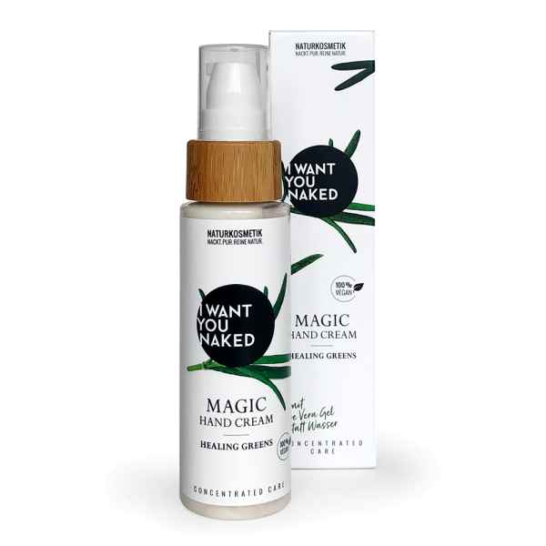 Flasche und Verpackung der 'I Want You Naked Magic Hand Cream Healing Greens' auf weißem Hintergrund.