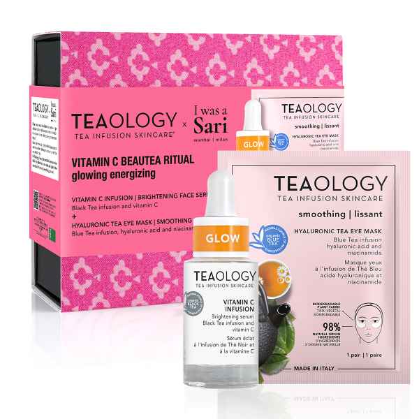TEAOLOGY Vitamin C Beautea Ritual Set mit Infusion, Maske und Serum vor rosa Hintergrund.