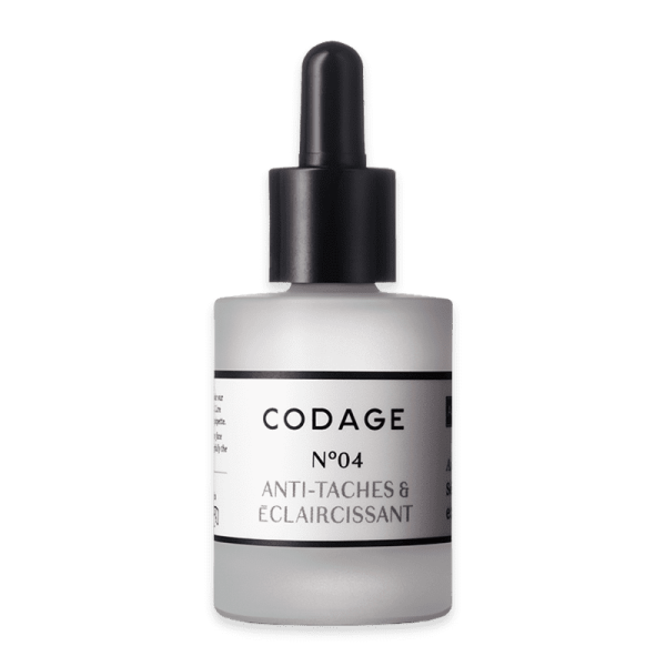 Codage Paris Serum No. 4 Anti-Taches & Éclaircissant, weißes Fläschchen mit schwarzem Tropfer.