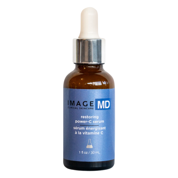 IMAGE MD Restoring Power-C Serum Flasche, 30 ml, mit Pipette und blauem Etikett.