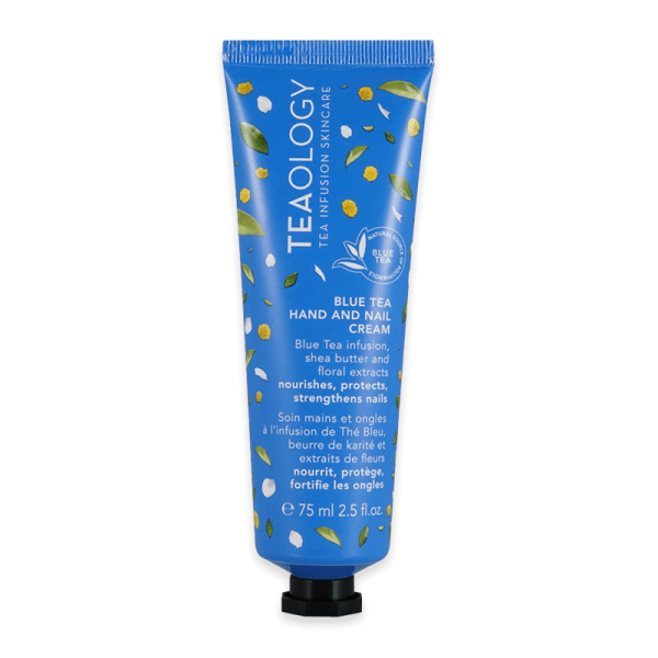 TEAOLOGY Blue Tea Hand and Nail Cream, 75 ml Tube, blaue Verpackung mit Blumenmuster.