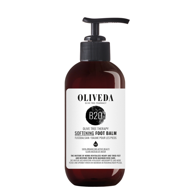 OLIVEDA B20 Fußbalsam 250ml in brauner Flasche mit schwarzem Pumpspender und weißem Etikett.