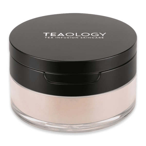 TEAOLOGY White Tea Loose Powder in schwarzer Dose mit transparentem Boden.