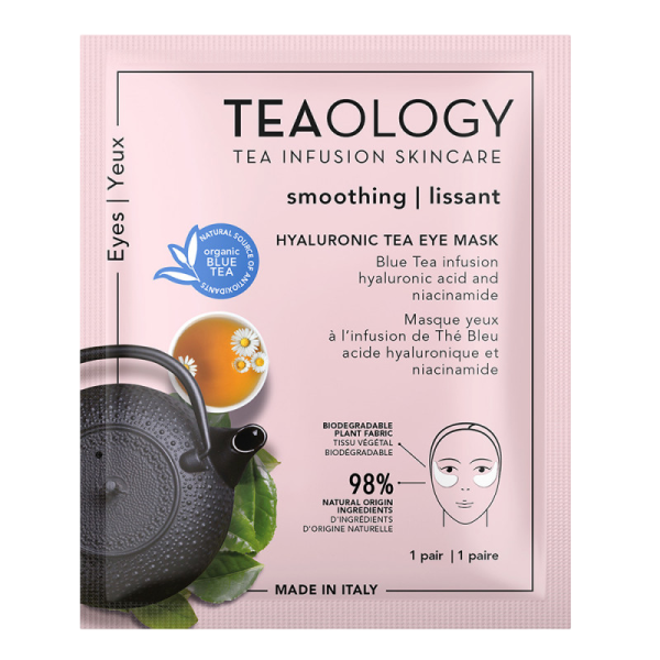 TEAOLOGY Hyaluronic Tea Eye Mask, glättend, mit blauem Tee, Hyaluronsäure und Niacinamid, 1 Paar, biologisch abbaubar, Made in Italy.