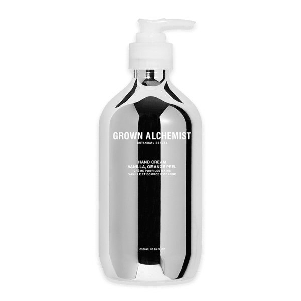 Grown Alchemist Handcreme in silberner Flasche, Duft Vanille und Orangenschale, 500 ml.