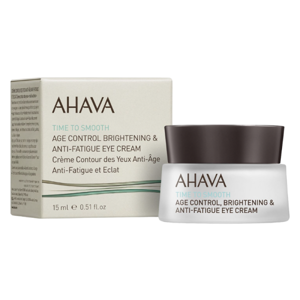 AHAVA Age Control Brightening & Anti-Fatigue Eye Cream, 15 ml, Verpackung und Tiegel.