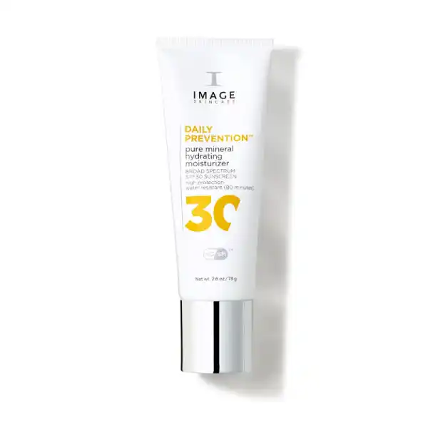 IMAGE Skincare DAILY PREVENTION pure mineral hydrating moisturizer SPF 30, 73g, wasserfest, weiße Tube mit silbernem Deckel.