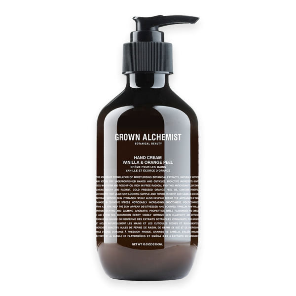 Grown Alchemist Handcreme, Vanille & Orangenschale, 500mL, in brauner Flasche mit schwarzem Pumpspender.