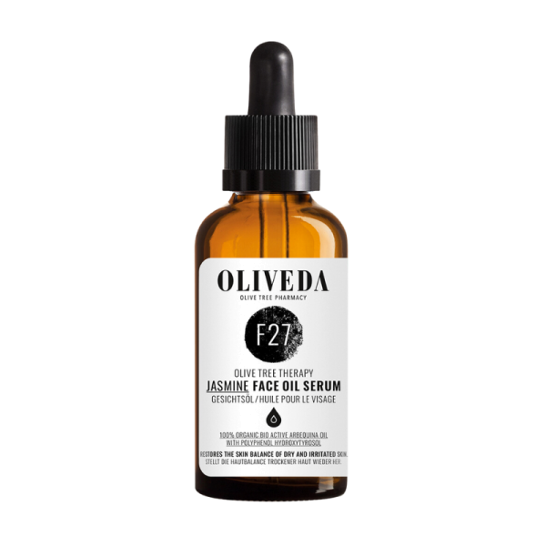 OLIVEDA F27 Gesichtsöl Jasmin regenerierend, 30 ml, braune Flasche mit Pipette, weißes Etikett, schwarzer Text.