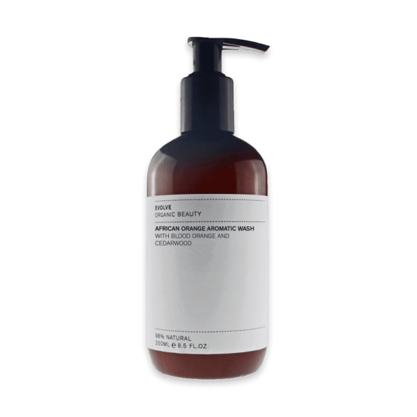 Evolve Organic Beauty African Orange Body Wash, 250ml Flasche mit Pumpspender, auf weißem Hintergrund.
