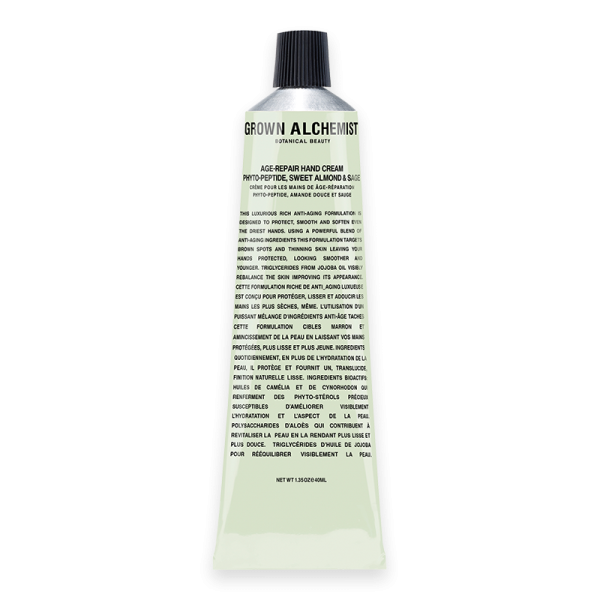 Grown Alchemist Age-Repair Hand Cream 40 ml in einer Tube mit Text auf der Vorderseite.