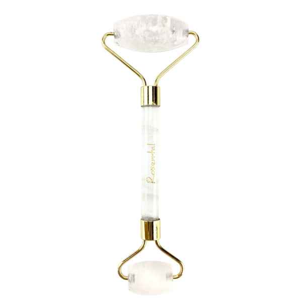 Jade-Roller mit goldenen Griffen und zwei weißen Jade-Steinen, verwendet für Gesichtsmassagen und Hautpflege.