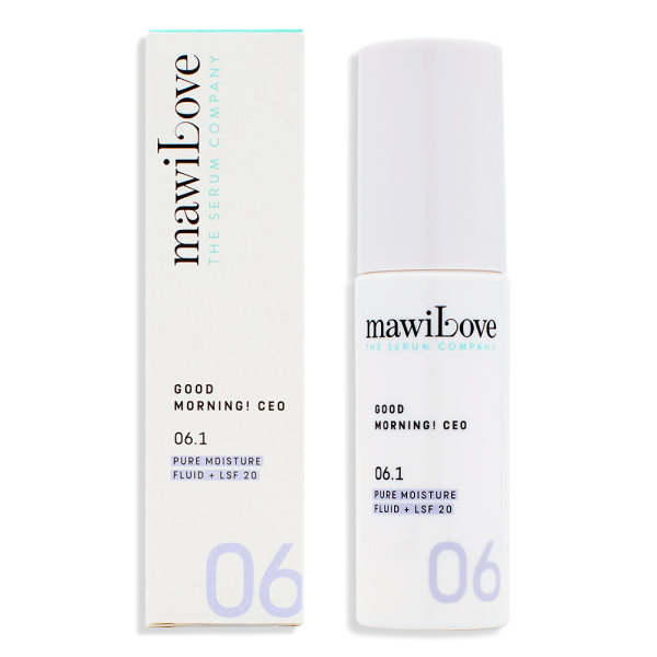 MawiLove Good Morning! CEO 06.1 Pure Moisture Fluid LSF 20, Produkt und Verpackung nebeneinander.