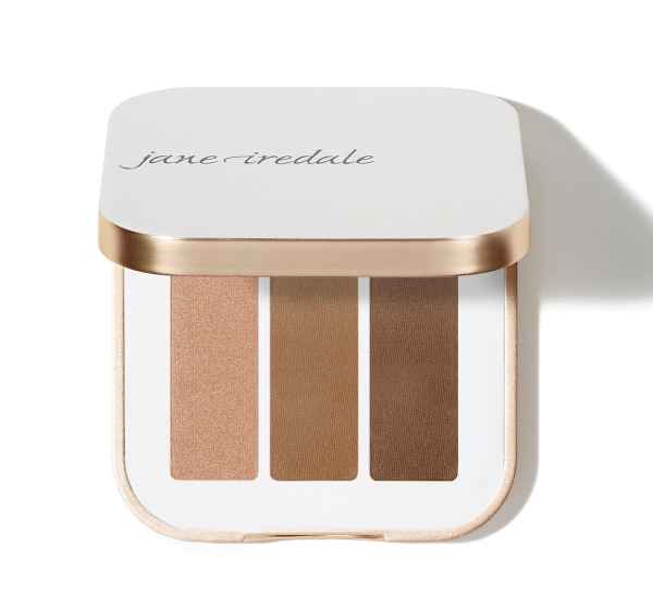 Jane Iredale Lidschatten-Palette mit drei Brauntönen in einer weißen und goldenen Verpackung.
