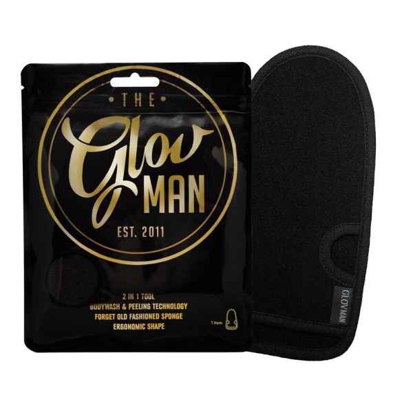 Schwarze Verpackung von 'The Glow Man' Peeling-Handschuh, 2-in-1 Körperpflegeprodukt, ergonomische Form, seit 2011.