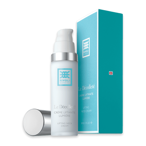 Rivoli Genève Le Décolleté Crème Liftante Lumière, Lifting Neck Cream, weiße Flasche mit silbernem Deckel und türkisfarbener Verpackung.