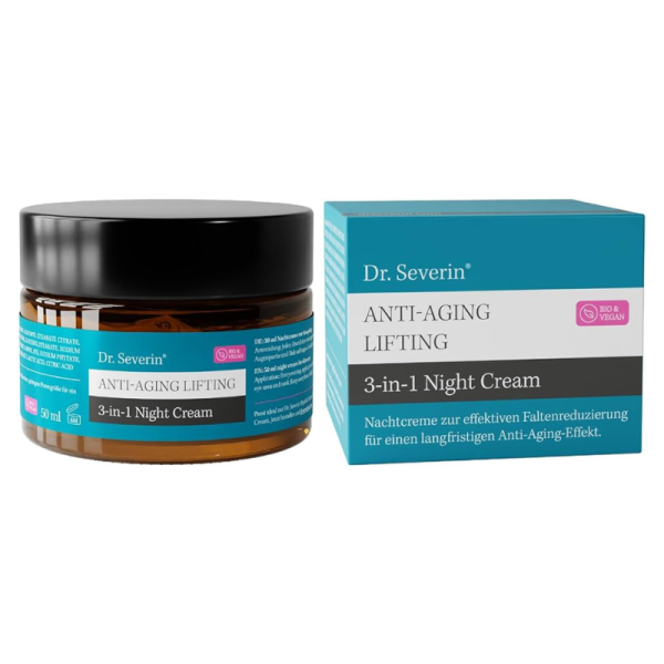 Dr. Severin Anti-Aging Lifting 3-in-1 Nachtcreme, 50 ml, Bio & Vegan, Verpackung und Tiegel, effektive Faltenreduzierung.