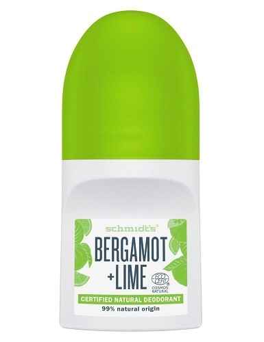 Schmidt's Bergamot + Lime Deodorant, zertifiziert natürlich, 99% natürlichen Ursprungs, grüne Kappe, weiße Flasche.
