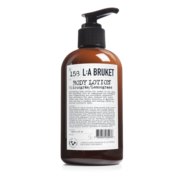L:A Bruket No. 158 Bodylotion Zitronengras 250ml in brauner Flasche mit Pumpspender.