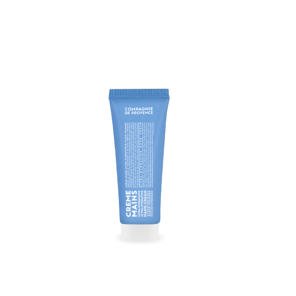 Blaues Handcreme-Tube 'Creme Mains' von Compagnie de Provence, 75ml, auf weißem Hintergrund.