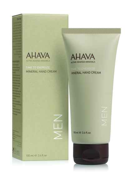 AHAVA Mineral Hand Cream für Männer, 100 ml Tube und Verpackung, grün.