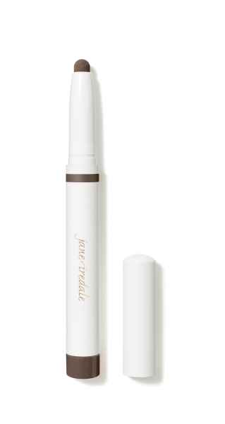 Jane Iredale Lidschattenstift in Dove Grey, weiße Hülle mit brauner Kappe, daneben die abgenommene Kappe.