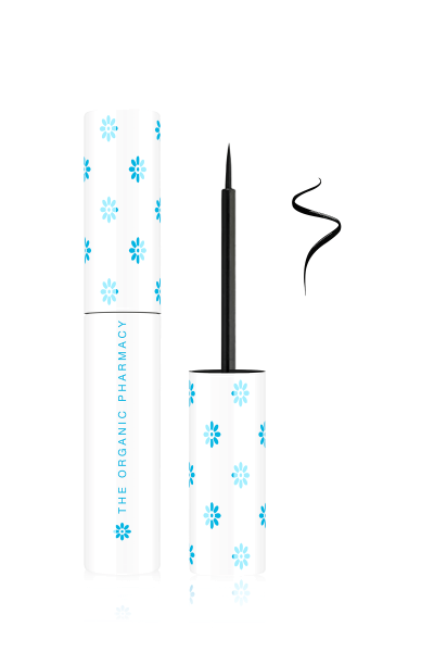 Geöffneter Präzisions-Flüssig-Eyeliner von The Organic Pharmacy mit floralem Design.