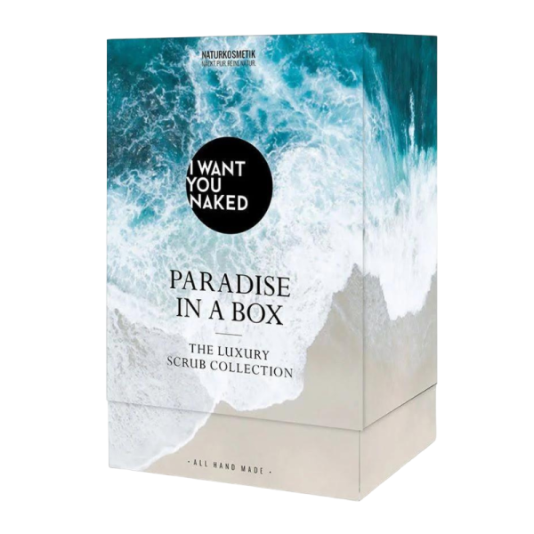 Verpackung der 'Paradise in a Box' Luxus-Peeling-Kollektion von 'I Want You Naked' mit Meeresmotiv.