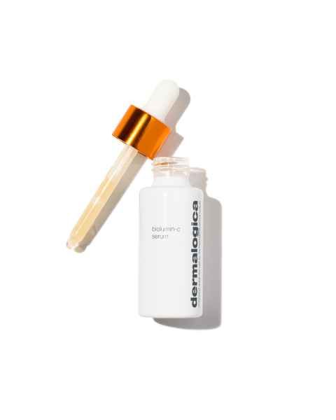 Dermalogica Biolumin-C Serum mit Pipette auf weißem Hintergrund.