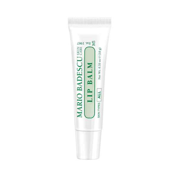 Weiße Tube mit grünem Aufdruck "Mario Badescu Lip Balm".