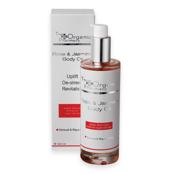 Flasche und Verpackung von The Organic Pharmacy Rose & Jasmine Body Oil, 100 ml.