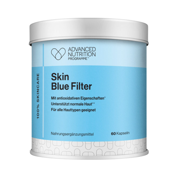 Dose 'Skin Blue Filter' Nahrungsergänzungsmittel, 60 Kapseln, unterstützt normale Haut, mit antioxidativen Eigenschaften.