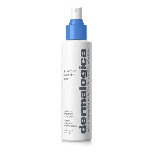 Flasche Dermalogica Hyaluronic Ceramide Mist, 150 ml, weiß mit blauem Sprühkopf.