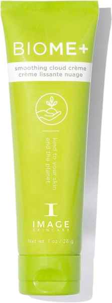 Grüne Tube der BIOME+ Smoothing Cloud Crème von Image Skincare, 28g, mit Text 'Kind to your skin and the planet'.