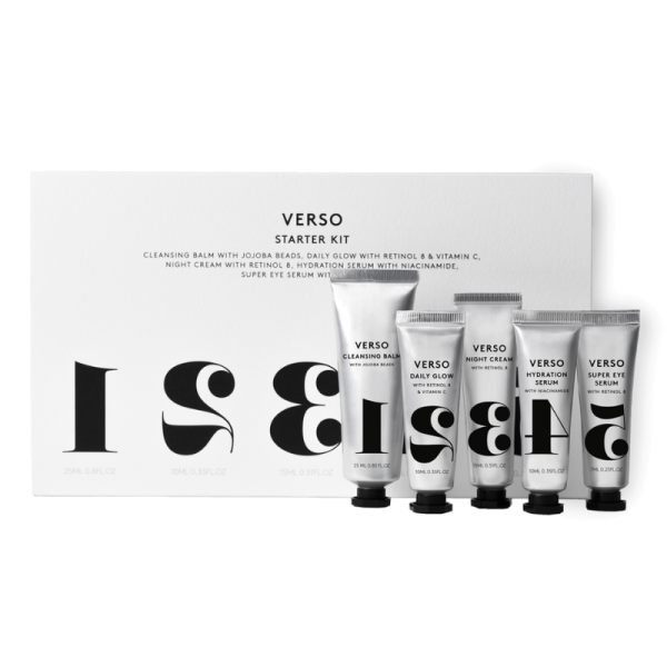VERSO Skincare Starter Kit mit Reinigungsbalsam, Tagescreme, Nachtcreme, Hydrationsserum und Augenserum vor weißem Hintergrund.