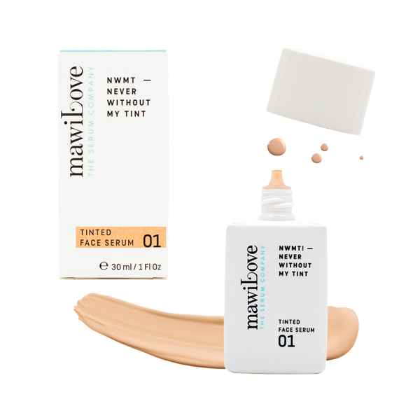 Mawilove getönte Gesichtsserum 01, 30 ml Flasche mit Verpackung und beigem Farbstrich.