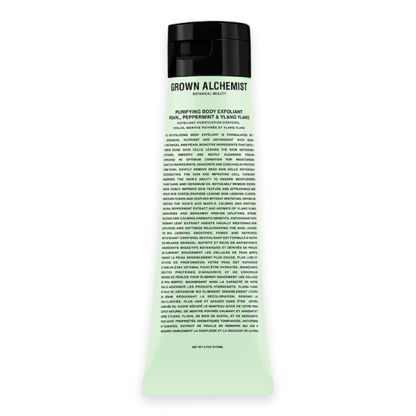Grown Alchemist Purifying Body Exfoliant 170 ml Tube, grün mit schwarzem Deckel, Text auf Vorderseite.