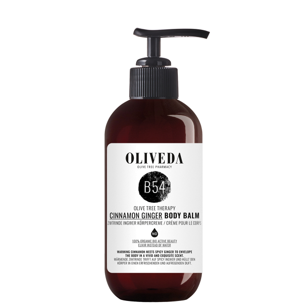 OLIVEDA B54 Body Balm Zimt Ingwer 250ml, Olivenbaum-Therapie, sanfte Körpercreme in brauner Flasche mit Pumpspender.