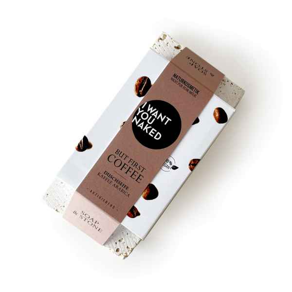 Verpackung der 'I Want You Naked' Duschseife 'But First Coffee' mit Kaffeebohnen-Design und braunem Etikett.