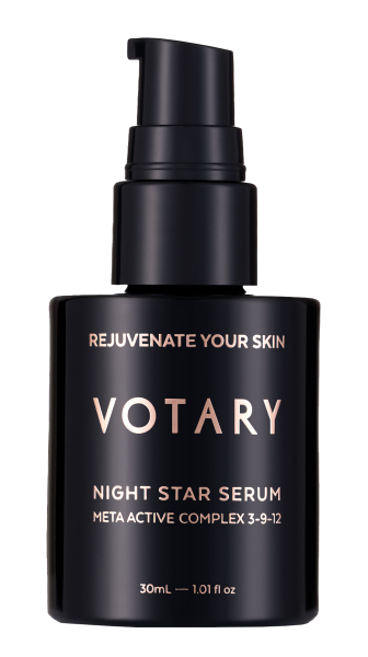 Schwarze Flasche Votary Night Star Serum mit Meta Active Complex 3-9-12, 30ml. Text: 'Rejuvenate Your Skin'.