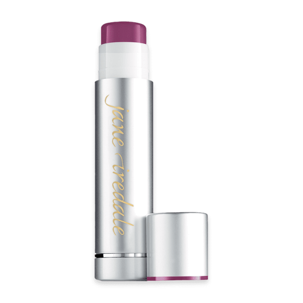 Jane Iredale Lip Drink Crush Lippenbalsam in silberner Hülse mit abgenommenem Deckel.