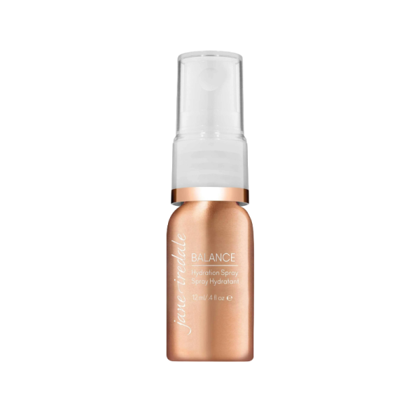 Balance Hydration Spray Mini in goldener Flasche mit weißem Sprühkopf, 12ml.