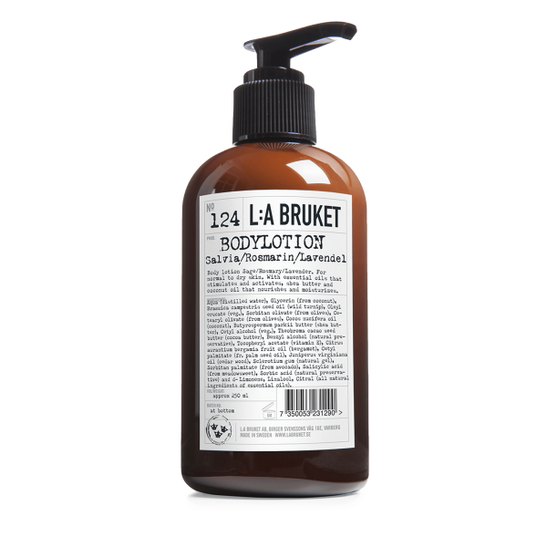 Braune Flasche L:A BRUKET No. 124 Bodylotion mit Salbei, Rosmarin und Lavendel, 250 ml, mit Pumpspender.