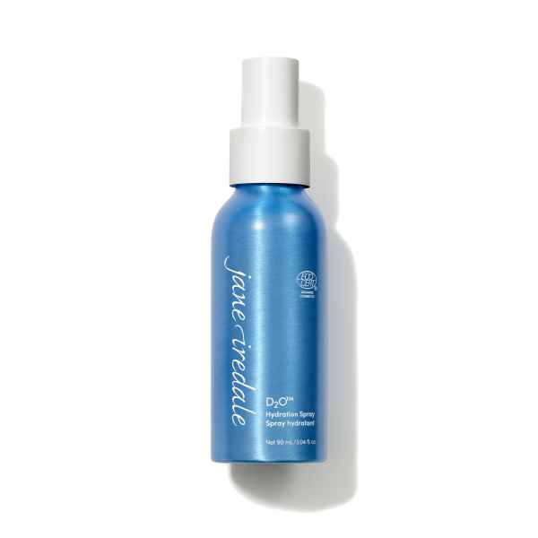 Jane Iredale D₂O™ Hydration Spray, 90 ml, blaues Fläschchen mit weißem Sprühkopf.