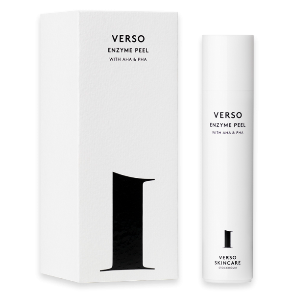 Verso Enzyme Peel mit AHA & PHA, Produktverpackung und Flasche, weißes Design.